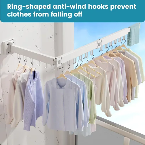 Miniatura 4 de Abiglifty Tendedero para ropa montado en la pared, plegable, retráctil y plegable con 18 ganchos para uso en interiores y exteriores en lavandería