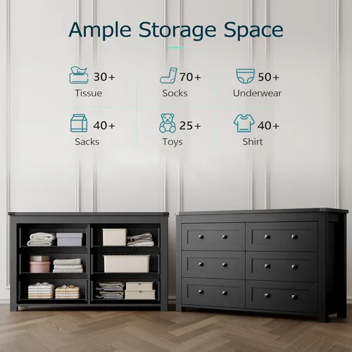 Miniatura 4 de Cómoda para dormitorio con 6 cajones, cómoda de madera de granja, soporte de TV ancho con mango de metal, organizador de ropa moderno para pasillo