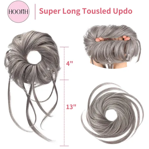 Miniatura 2 de HOOJIH Pieza de Cabello Despeinado, Extensiones de Cabello Superlargas Estilo Moño Alborotado, Cabello Ondulado, Coleta con Banda Elástica para claro