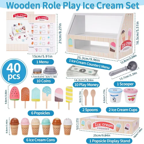 Miniatura 2 de Juego de Heladería de Madera para Niños, Juego de Cocina para Niñas Pequeñas, Juguetes de Simulación para Regalo para Niñas o Niños de 3, 4, 5, 6