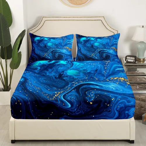 Miniatura 3 de Erosebridal Sábana bajera ajustable con patrón de piedra azul con estampado de mármol azul, juego de ropa de cama líquida trippy para niños, niñas