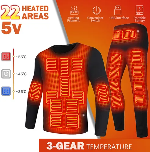 Miniatura 2 de Winter Electric Heated Underwear Set Motorcycle Clothing Women Fleece Thermal Tops Pants 22 Area Ski Heating Body Suit