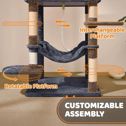 Miniatura 9 de Yaheetech Árbol para gatos de 59 pulgadas con postes rascadores, centro de actividades para escaladores con condominio y dispositivo antivolcado