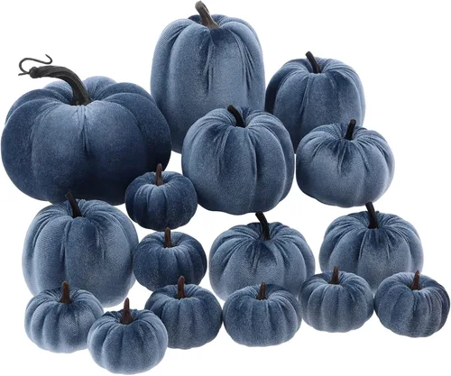 16 calabazas artificiales de terciopelo azul para decoración de otoño, calabazas de espuma artificial, tela azul marino, calabaza sintética, cosecha