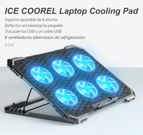 Miniatura 7 de ICE COOREL Almohadilla de enfriamiento para laptop con 6 ventiladores de refrigeración, almohadilla de enfriamiento para ventilador de laptop de 13