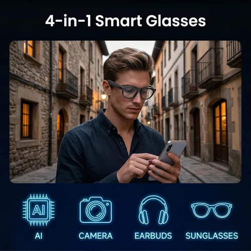 Miniatura 8 de Lentes de cámara inteligente AI, grabación de video POV HD 1080P y traductor, reconocimiento de objetos, audio Bluetooth para llamadas musicales