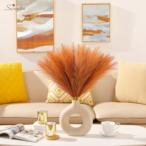 Miniatura 6 de Serwalin Decoración de Hierba de Pampas de 17.7 Pulgadas 6 Piezas Hierba de Pampas Naranja, Hierba de Pampas Falsa Naranja Quemado Decoración Boho