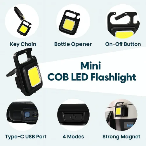 Miniatura 7 de Linterna recargable COB llavero – Ultra brillante 800 lúmenes, 4 modos, base magnética, abrebotellas, soporte plegable – Luz de trabajo LED compacta