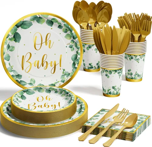 Sage Greenery - Suministros para fiesta de baby shower, juego de vajilla desechable de 175 piezas bohemio neutro (25 invitados) con platos de papel