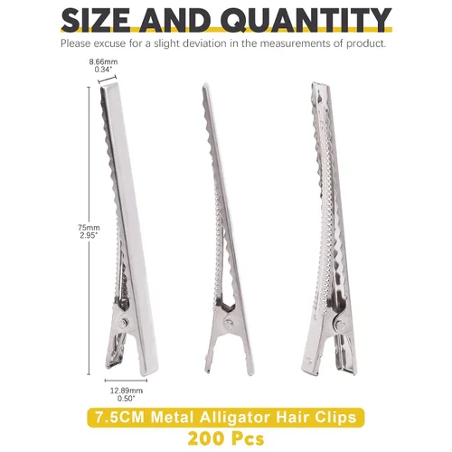 Miniatura 2 de 200 pinzas de pelo de cocodrilo de 2.95 pulgadas a granel, color plateado, pinzas para el pelo de una sola punta, para hacer lazos, hacer horquillas