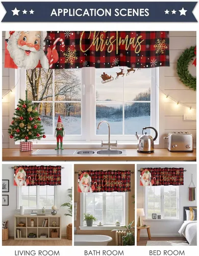 Miniatura 6 de Cenefa de Navidad para ventanas, cenefas de Papá Noel, cenefa con bolsillo para barra, tratamientos de ventana, cortinas cortas a cuadros rojos