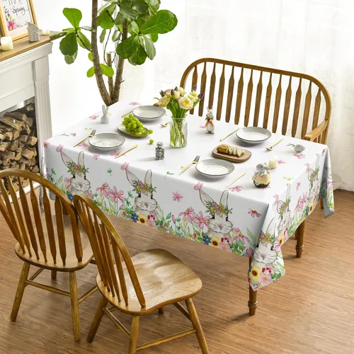Miniatura 2 de Horaldaily Mantel de Pascua de 52 x 70 pulgadas, mantel lavable de primavera con diseño de conejito de flores para decoración de fiestas, pícnic
