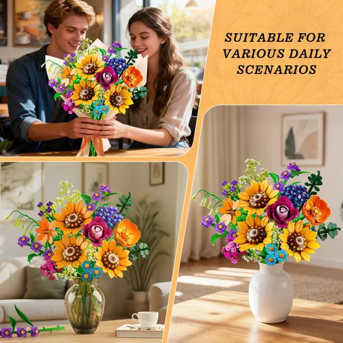 Miniatura 7 de CUBIMANA Juego de construcción de ramo de flores silvestres con luces, 912 piezas, colección de flores silvestres, 18 botánicos, bloques
