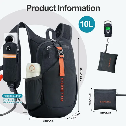 Miniatura 6 de FIORETTO Mochila de senderismo de 15L para mujeres y hombres, mochila mini plegable, ligera, pequeña mochila de día para camping, viaje, al aire