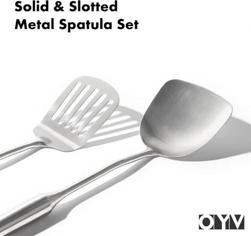 Miniatura 4 de OYV Juego de espátulas de acero inoxidable 18/10, espátulas de metal de 15 pulgadas para uso en cocina, 1 espátula ranurada + 1 espátula sólida