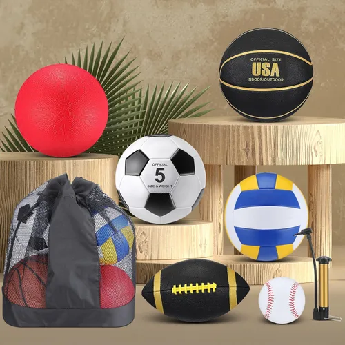 Miniatura 4 de Leyndo Juego de 18 Pelotas Deportivas a Granel Baloncesto Fútbol Americano Voleibol Fútbol Soccer Parque Infantil Béisbol con Bolsa de Equipo Negro
