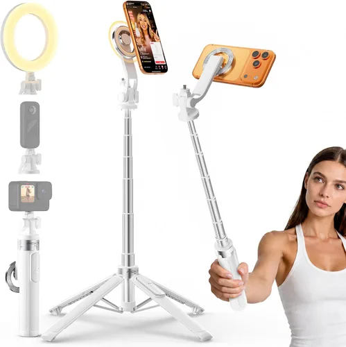 Miniatura 10 de Trípode magnético 4 en 1 para iPhone con tornillo de 1/4 pulgadas, trípode MagSafe Selfie Stick de 53 pulgadas con control remoto inalámbrico