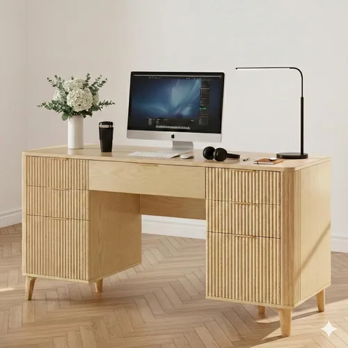Miniatura 7 de Escritorio de madera con cajones, escritorio ejecutivo acanalado de 55 pulgadas con armario de almacenamiento, escritorio de madera para oficina
