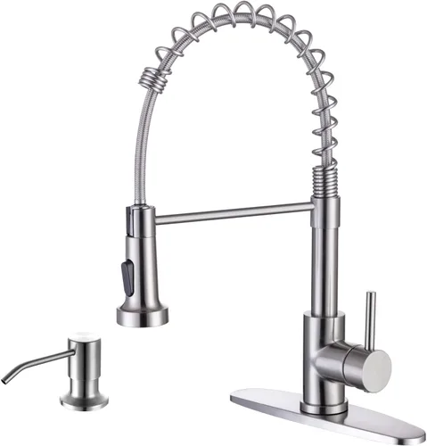 Miniatura 12 de WEWE Grifo de fregadero de cocina, grifos de cocina con rociador desplegable de acero inoxidable de una sola manija un solo agujero níquel cepillado