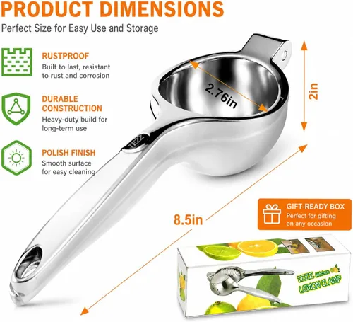 Miniatura 6 de TEZZ Exprimidor de Limón Premium, Exprimidor Manual Grande de Servicio Pesado para Limón, Prensa Manual de Cítricos de Metal, Herramienta de Bar