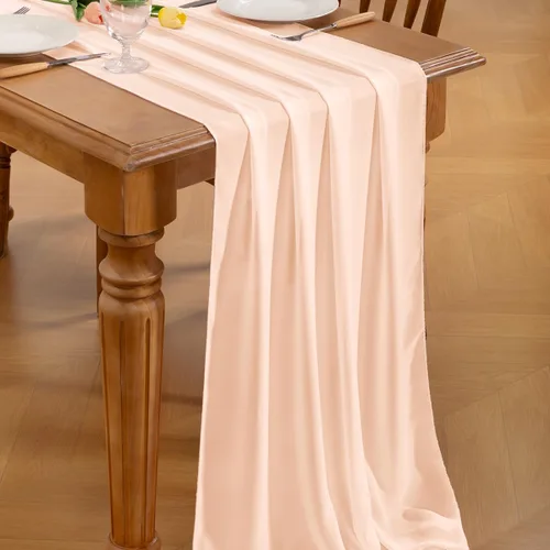 Miniatura 4 de Socomi Camino de mesa de gasa beige para verano, bohemio, rústico, de 10 pies, 29 x 120 pulgadas, decoración de camino de mesa de boda, decoración