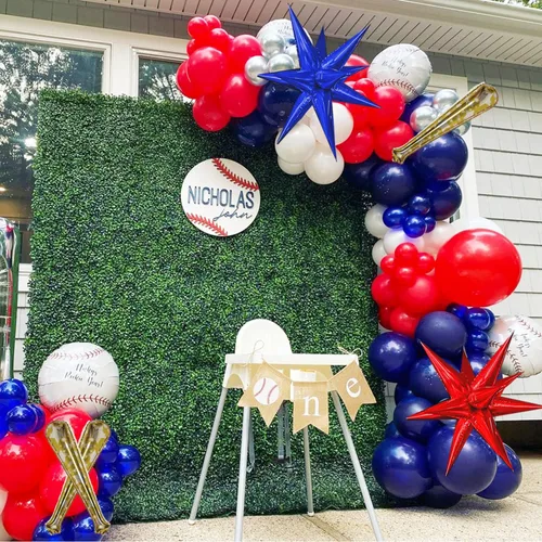 Miniatura 7 de Kit de arco de guirnalda de globos de béisbol de 150 piezas, globos de papel de aluminio rojos, azules, blancos, plateados y con estrella de bate