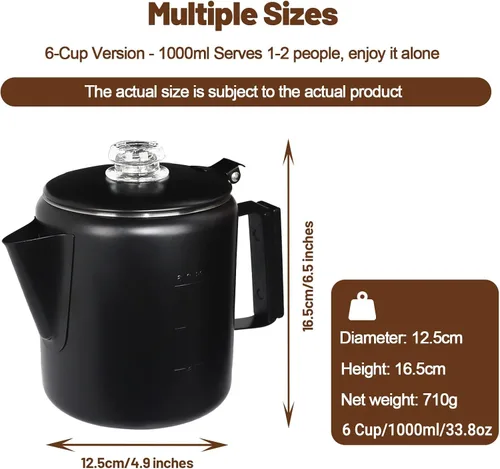 Miniatura 2 de Percolador de 6 Tazas de Acero Inoxidable 304 Cafetera Máquina de Café con Mango de Madera Sólida Perilla Transparente Estufa Greca Mocha