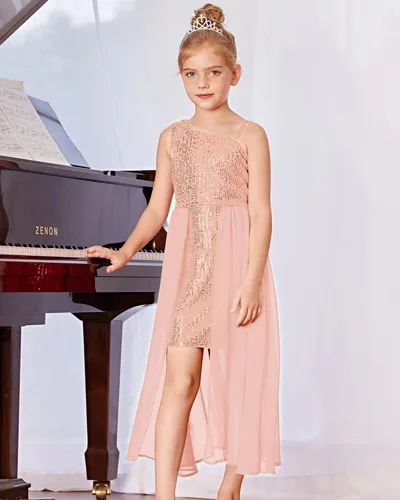 Miniatura 7 de GRACE KARIN Vestido de lentejuelas para niñas, vestido de fiesta de cumpleaños de un hombro, vestidos de graduación 6-14 años