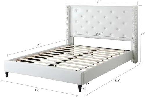 Miniatura 3 de Base de cama de plataforma tapizada completa con cabecero de 51 pulgadas de alto, cama de tela copetuda con botones, soporte de listones de madera