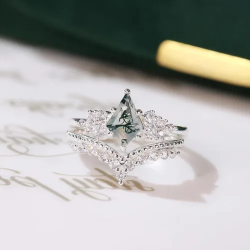Miniatura 5 de ELMERA Anillo de compromiso para mujer, plata de ley 925, ágata musgo natural, anillo de promesa para ella, anillo de compromiso de ágata musgo