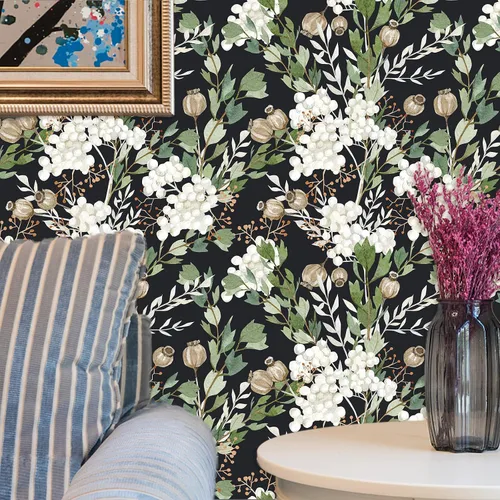 Miniatura 8 de Papel tapiz autoadhesivo con hojas florales oscuras, para baño, papel tapiz autoadhesivo bohemio apto para inquilinos, papel de contacto floral