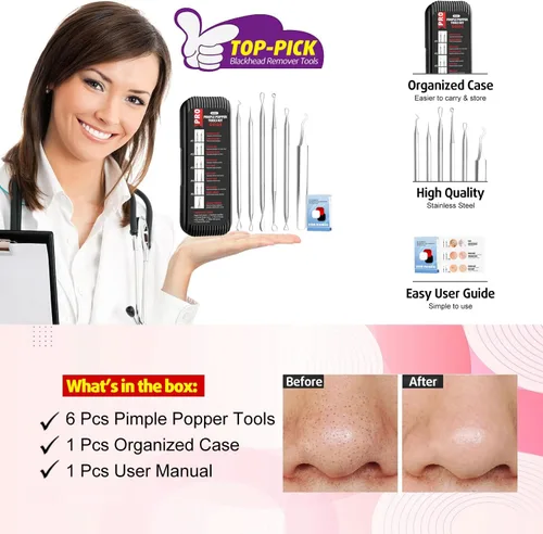 Miniatura 8 de Cbiumpro Paquete de 6 herramientas para eliminar puntos negros, kit de herramientas para reventar espinillas, extractor profesional de puntos negros