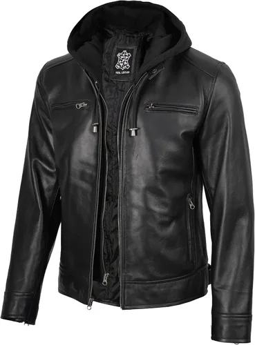 Miniatura 8 de Blingsoul Chaqueta de cuero para hombre Chaquetas de cuero negras con capucha desmontable para hombres