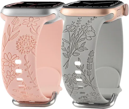 Miniatura 14 de Correa de silicona grabada con flores compatible con correas de Apple Watch de 1.496 pulgadas, 1.575 pulgadas, 1.614 pulgadas, bonita correa Negro