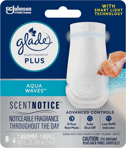 Glade PlugIn Plus Kit de Iniciación de Ambientador, Aceite Perfumado para el Hogar y el Baño, Aqua Waves, 0.67 Fl Oz, 1 Calentador + 1 Repuesto