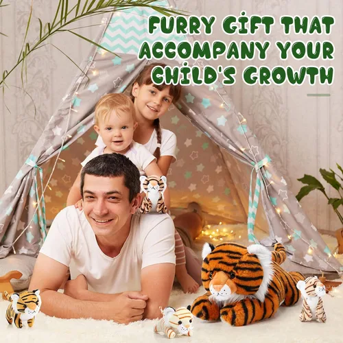 Miniatura 7 de Threan - Juego de 5 juguetes de peluche de tigre, de 16 pulgadas, mamá tigre con 4 cachorros en vientre con cremallera, peluches de regreso a