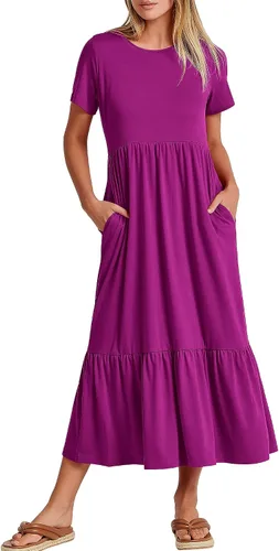 ANRABESS - Vestido largo informal para verano, para mujer, acampanado, escalonado, de manga corta, con cuello redondo, vestido largo tipo camiseta