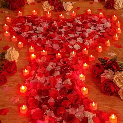 VIHOSE 4000 pétalos de rosa artificiales con 24 velas LED de té, velas LED sin llama, pétalos de rosa falsos para bodas, fiestas de cumpleaños (luz