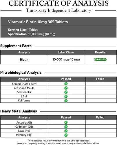 Miniatura 3 de Vitamatic Biotina 10,000 mcg (10 mg) para cabello, piel y uñas más fuertes - 365 tabletas veganas - también llamada vitamina B7