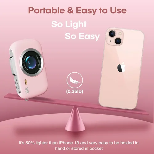 Miniatura 5 de Cámara digital rosa 5K para fotografía, cámara de vlogging portátil UHD de 80 MP, cámara de punto de viaje y disparo con zoom 18X con tarjeta TF