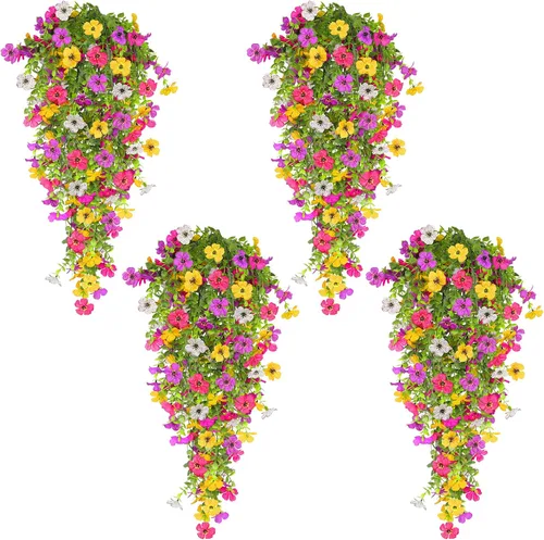 TURNMEON 4 flores artificiales para decoración de verano al aire libre, resistentes a los rayos UV, no se decoloran, flores colgantes falsas, flores
