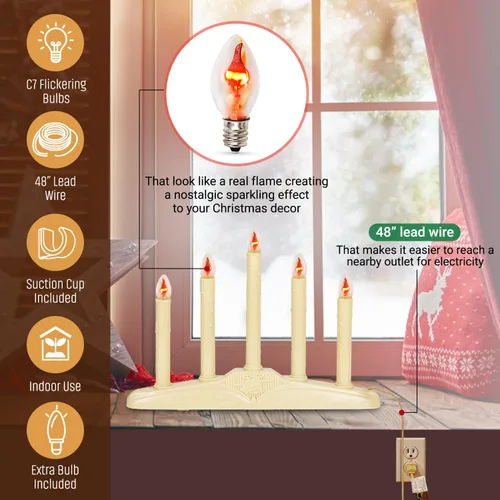 Miniatura 3 de Candelabro de Velas de Navidad para Ventana – con Bombillas Parpadeantes – 5 Luces para Interiores - Velas Eléctricas sin Llama para Ventana