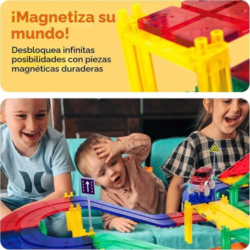 Miniatura 5 de PicassoTiles Juego de construcción de pista de carreras de 100 piezas magnéticas con coches LED, carreteras ajustables y señales, kit de juguete