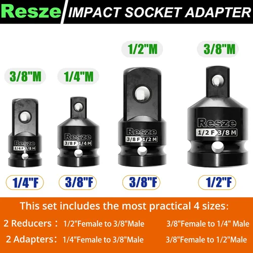 Miniatura 2 de Resze Juego de 4 adaptadores y reductores de impacto, Juego de adaptadores de impacto de 1/4" y 3/8" y 1/2", Kit de conversión de llave de barra
