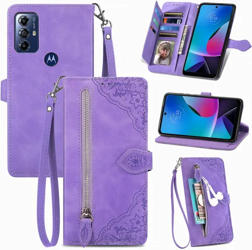 Miniatura 8 de Funda tipo cartera para Moto G Pure/G Power 2022/G Play 2023, funda de piel sintética de lujo con cremallera y soporte para tarjeta de crédito