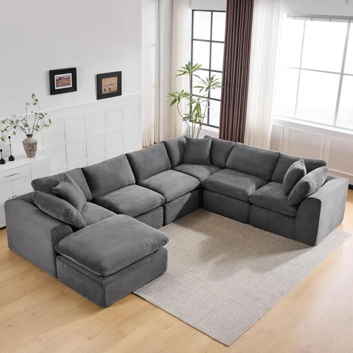 Miniatura 23 de Sofá sin hueso de 140 pulgadas para sala de estar, sofá modular de gran tamaño de 7 plazas con otomana, no requiere montaje, felpilla moderna