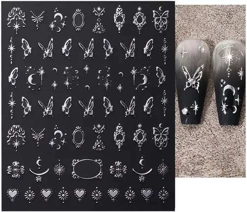Miniatura 8 de Calcomanías de uñas metálicas plateadas 3D – Calcomanías de uñas para mujer, diseño de estrellas, luna y sol, decoración de mariposas y bohemio