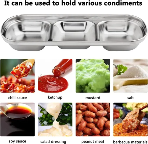 Miniatura 6 de 3 cuencos de acero inoxidable para salsa de soja, 3 rejillas divididas, platos de acompañamiento para salsa de soja, salsa de tomate, condimentos