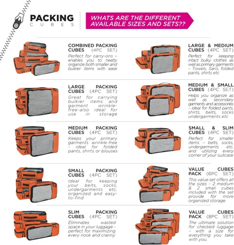 Miniatura 4 de FATMUG Juego de 8 organizadores de bolsas de viaje (2 unidades, grandes, medianas, pequeñas y delgadas), color naranja