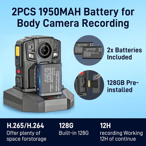 Miniatura 3 de Cámara corporal con GPS, cámara corporal 4K/2160P, 2 baterías 1950MAH, visión nocturna y H.265, cámara de cuerpo de policía de 128G para aplicación